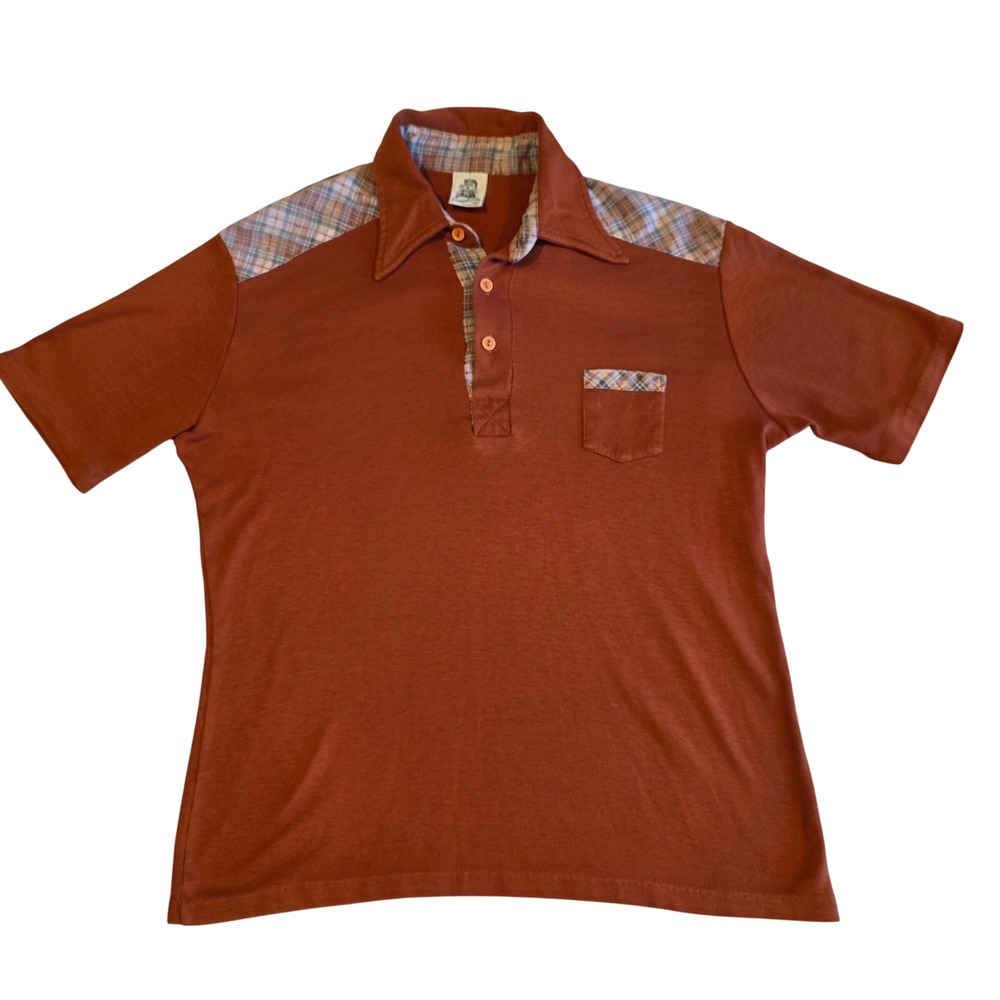 Vintage 70s Kennington LTD California Knit Polo Shirt Rust Plaid Yoke Medium